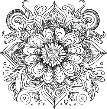 Coloring page of a flower design with swirls and dots, in the style of henna tattoo, simple line art, white background, only outlines, vector illustration