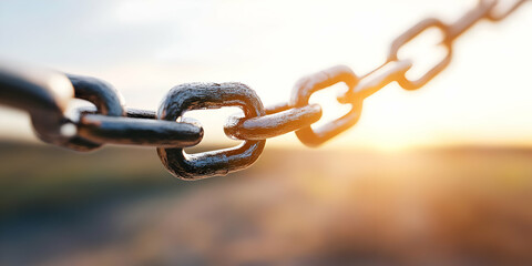 Metal chain links at sunset, outdoors, blurred background, strength concept