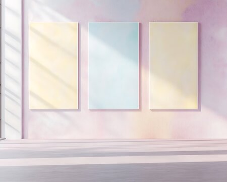 Textured pastel wall with blank vertical posters arranged in a sleek symmetrical layout