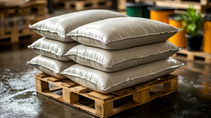 Stack of Silver Industrial Bags on Wooden Pallet in Warehouse Setting Emphasizing Logistics, Storage, and Transport Needs for Commercial Applications
