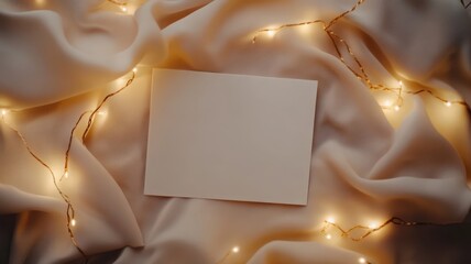 Blank card mockup lying on soft fabric, surrounded by warm fairy lights, highlighting festive atmosphere for personal messages or celebratory communication