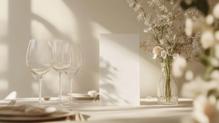 Soft sunlight highlighting elegant table arrangement featuring crystal wine glasses, blank menu mock up, and refined floral centerpiece preparing for luxurious wedding reception