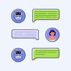 People talking with chat bot. Vector isolated illustration. Customer service concept. Chat bot virtual assistan. Digital chat bot, robot assistant. Virtual conversation assistant for getting help