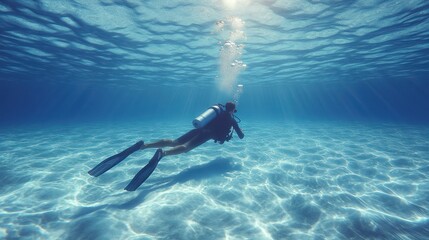 Scuba diver explores the sunlit ocean floor.