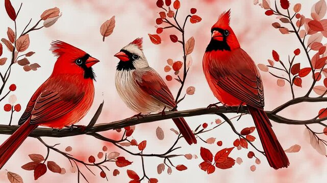 Cute Cartoon Cardinals in Love on Tree Branch Illustration