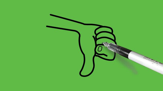 draw human hand show thumb down and other four fingers fold inside make fist with black outline on abstract green screen background    
