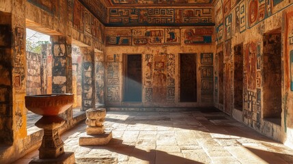 Obraz premium Explore the intricate beauty of ancient murals in a sunlit ritual room of historical significance. Generative AI
