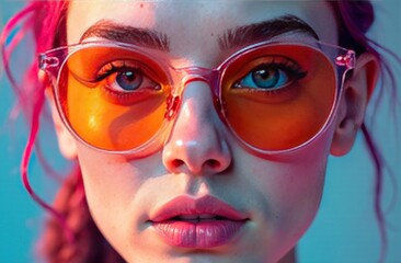 close-up of a woman in pink-rimmed glasses with glowing skin and blue eyes glancing to the side in beauty concept of skincare