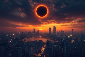 Dramatic solar eclipse illuminating a modern city skyline at dusk with glowing corona and emerging city lights