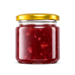 Cranberry red jam in small glass jar with golden twist off lid isolated. Transparent PNG image.