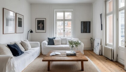 Scandinavian Minimalist Living Room Interior Design with White Sofa Wooden Coffee Table and Natural