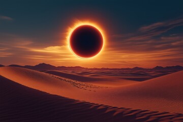 Witness the breathtaking solar eclipse casting a glowing ring above the vast desert landscape at twilight