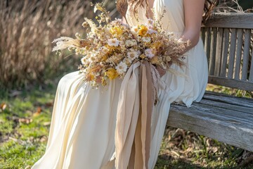Romantic Boho Bridal Bouquet with Dried Wildflowers in Rustic Setting