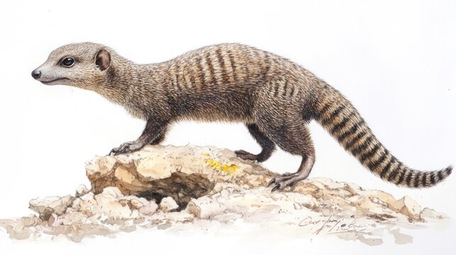 Striped Mongoose on Rock Watercolor Painting