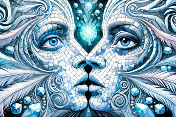 Naklejka premium A mosaic-style artwork of two faces merging, featuring vibrant blue eyes, feathers, crystals, and swirling patterns in an intricate and ethereal design.