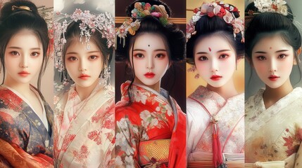 Obraz premium Elegant portraits of women in traditional attire from different Asian cultures showcasing beauty and grace. Generative AI
