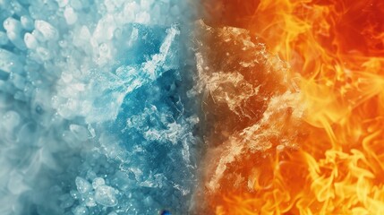 Fototapeta premium The abstract struggle of ice and fire, a backdrop of cold water waves vs fiery flame swirls in a magical vs realistic texture with a flowing vs striking motion and a blue vs red color scheme.