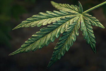 A detailed green cannabis leaf, isolated with clear details on a transparent background, highlighting its natural texture and structure.