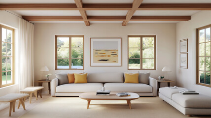 bright and airy living room featuring light colored sofa, accent pillows, and wooden beams. Large windows provide natural light, enhancing cozy atmosphere
