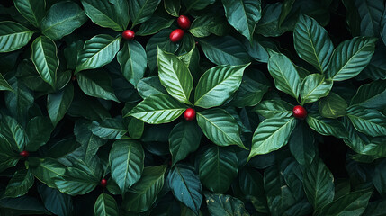 Coffee plant, arabica nature caffeine with green leaves and red fruit. fresh organic and raw agriculture growing.