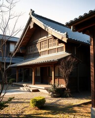 Traditional Japanese Wooden House with Sloping Roof and Zen Garden