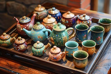 A display of colorful, hand-painted ceramic teapots and matching cups, arranged on a wooden tray.