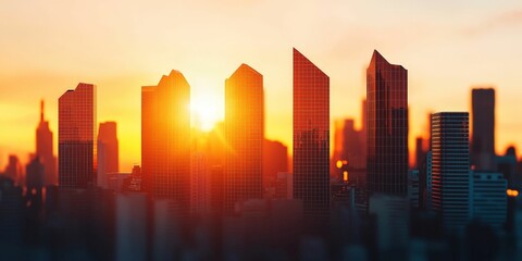 Fototapeta premium economic and windfall concept. City skyline during sunset with modern skyscrapers silhouetted against a vibrant sky.