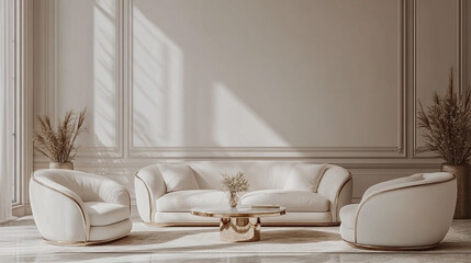 Modern luxury home house living room interior with white sofas and table. wealthy and rich lifestyle, comfortable and contemporary apartment indoors, empty, expensive, nobody.