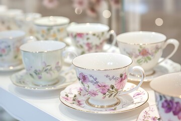 A display of elegant bone china tea cups and saucers with delicate floral patterns