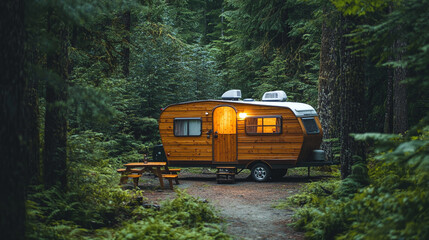 Small wooden travel trailer motorhome cottage hut cabin house in green forest wilderness nature exterior view. outdoor summer tourism adventure, countryside journey.