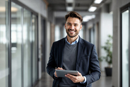 Confident young professional dressed smartly, smiling and holding a tablet, standing in a modern office hallway with natural lighting, representing leadership and innovation in a business environment.