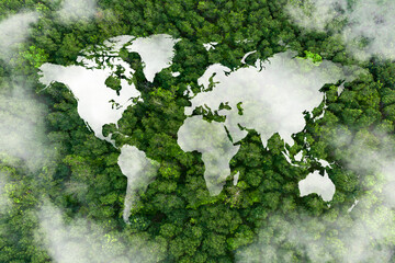 Sustainable habitat world concept. Distant aerial view of a dense rainforest vegetation with lakes in a shape of world continents, clouds and one small yellow airplane. 3d rendering.