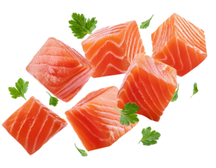 falling salmon cubes isolated on white background, cutout