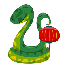 Green wooden snake with red paper lantern. Symbol of the Chinese New Year 2025