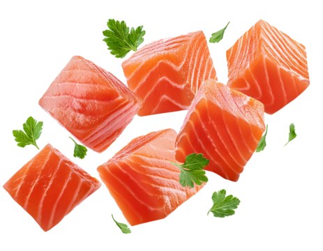 falling salmon cubes isolated on white background, cutout