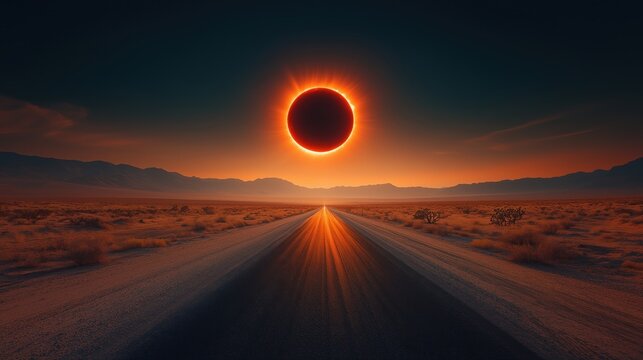 Solar eclipse illuminates an empty desert road beneath a dramatic twilight sky