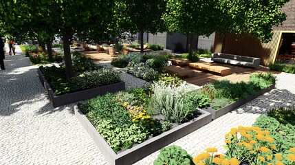 Urban garden layout combining edible plants artistic seating creative landscaping for city living