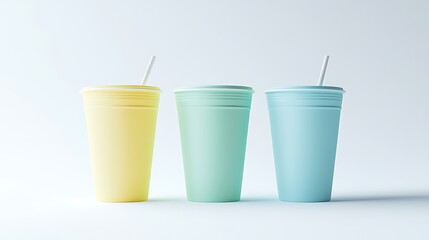 Three takeaway coffee cups in solid pastel shades of yellow, mint green, and baby blue aligned vertically, isolated on a white backdrop.