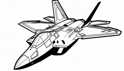 A sleek black and white line art drawing of an F-22 Raptor fighter jet. Ideal for coloring pages, aviation-themed designs, or stencils.