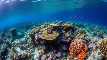 A vibrant underwater coral reef teeming with marine life