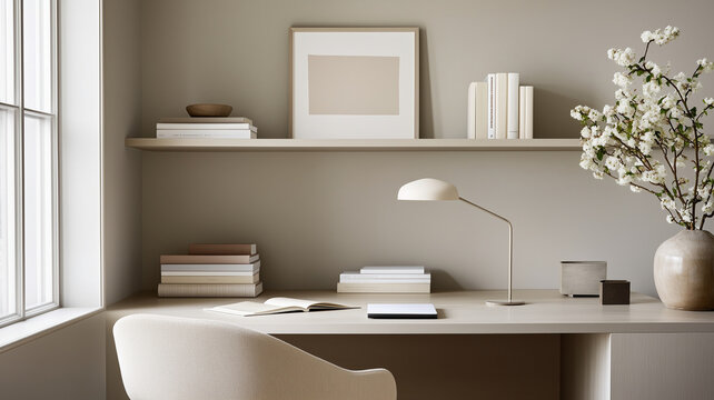 minimalist home office featuring light colored desk, books, and decorative items. serene atmosphere is enhanced by stylish lamp and vase of flowers