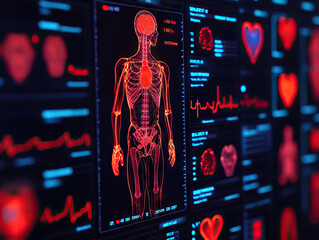 futuristic digital interface displaying human skeleton, heart, and health data analysis with vibrant red highlights