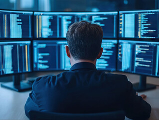 government worker analyzing digital data on multiple computer screens in modern office