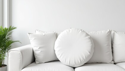 Modern round pillow mockup on white couch in minimalist interior