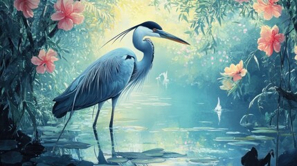 Naklejka premium Serene Heron in a Tranquil Oasis: A Masterpiece of Avian Beauty