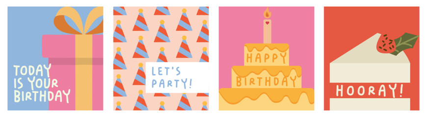 Set of cute birthday cards design with cake, gifts and party decorations. Vector templates great for poster, Invitations, banner, flyer