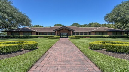 Wide shot of a brick building with manicured landscaping and a paved walkway leading to the entrance.