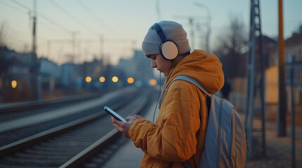 Young Teenage Boy Listening to Music on Headphones, Using Smartphone at Train Station