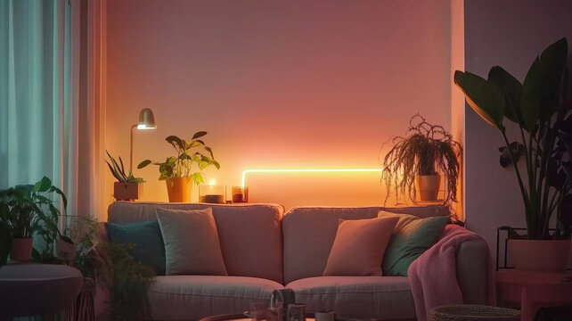 Cozy living room with modern decor, plants, and ambient lighting. soft glow from neon light creates warm atmosphere, perfect for relaxation and comfort