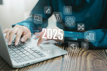Digital workspace with future planning for 2025 and technology icons